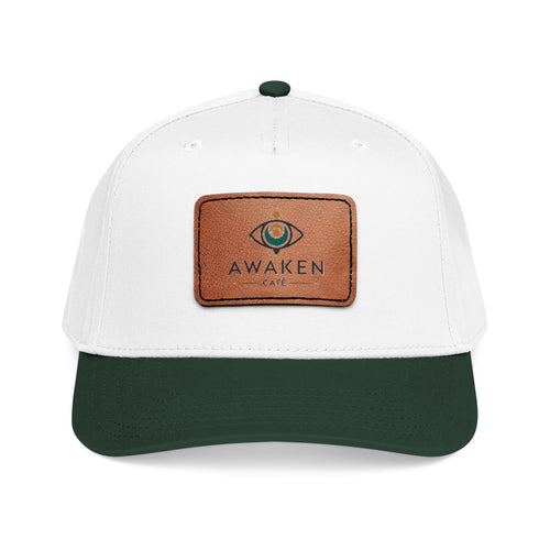 Awaken Cafe Leather Patch Baseball Cap — Mid Profile Contrast Bill Hat
